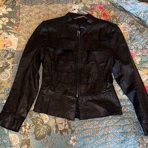 Black Leather Zip-Front Jacket with Ruffled Detail